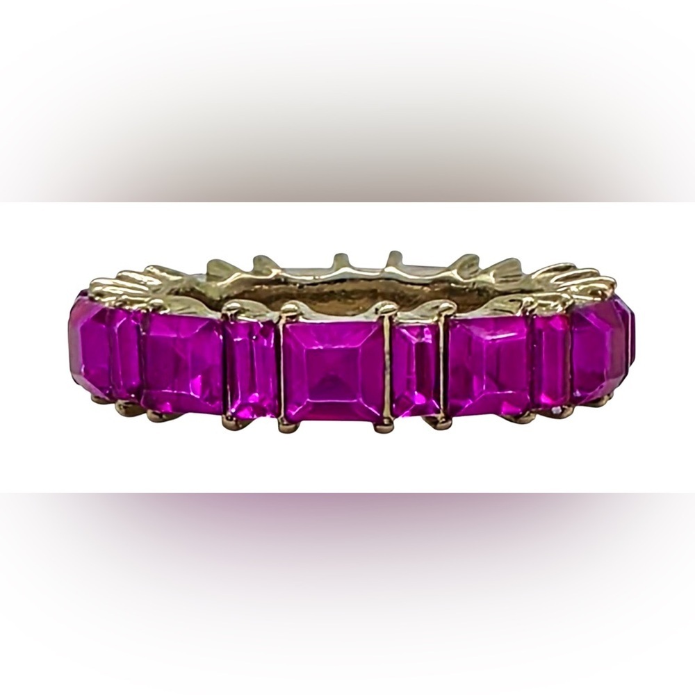 Hot Pink Emerald Cut Crystal Eternity Band Gold Tone Stackable Statement Ring